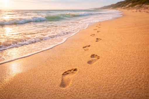 Footprints walking away in the sand beside blue water