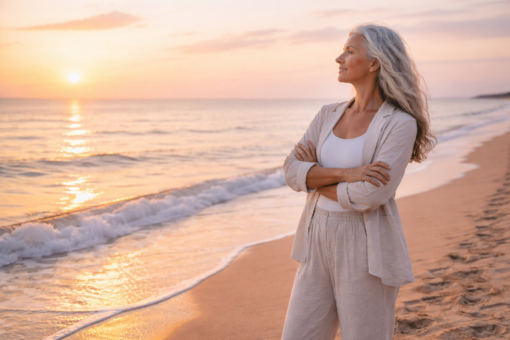 Christian woman cultivating joy through faith. She has long gray hair and is on the beach facing the ocean and sunrise. She is wearing a light linen pantsuit.