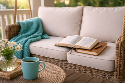 Biblical joy rooted in Christ. Keep scripture and journaling a central practice. A bible and journal are on a porch swing with a mug of coffee on the table.