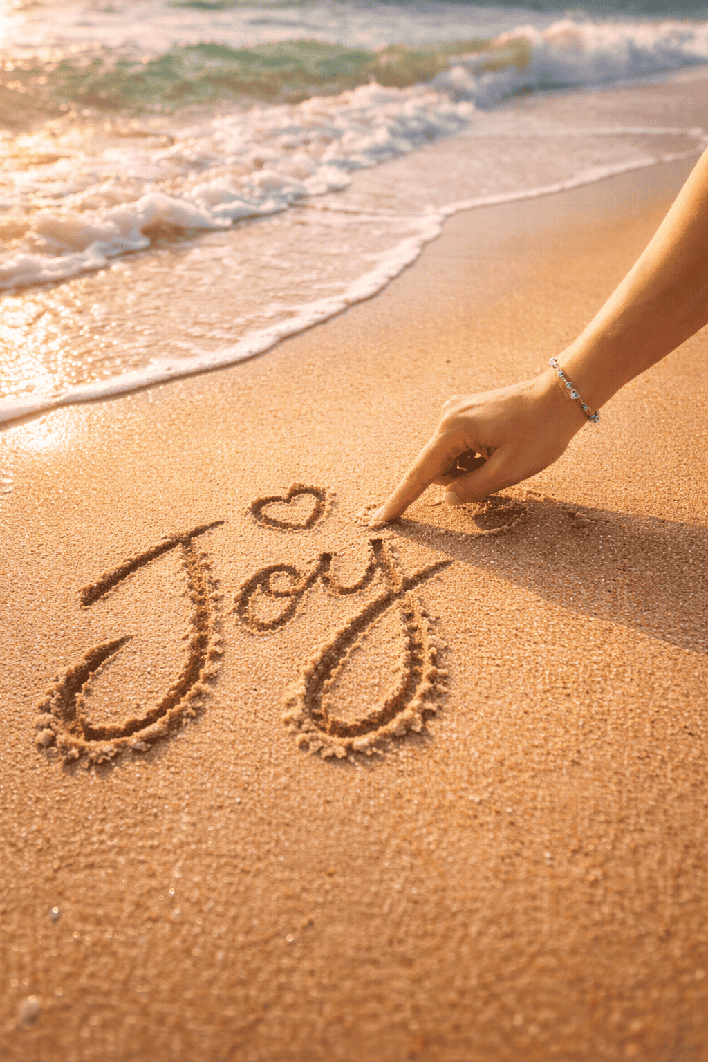 Joy and heart written on sand