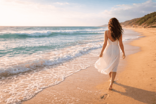 Woman walks along shore for emotional wellness on light sand.
