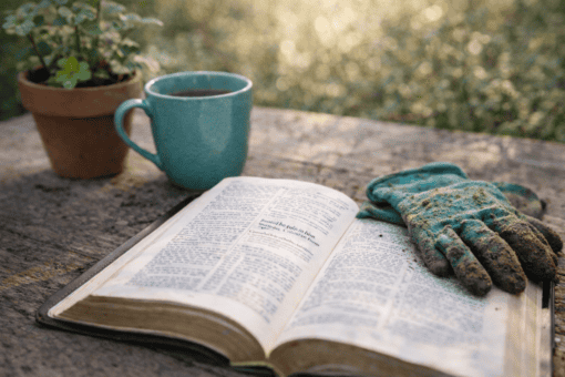Open Bible resting on a wooden table outdoors with a dirt-covered gardening glove beside it, symbolizing a life rooted in Christ and everyday faith.