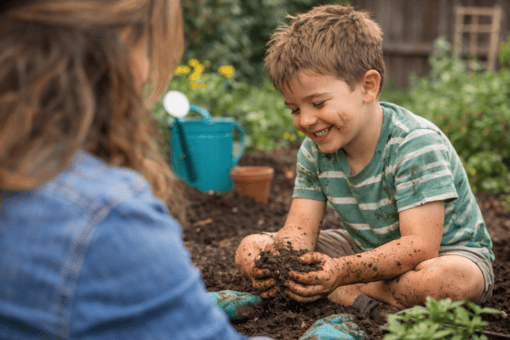 Young boy gardening with his mother, hands covered in soil, illustrating growth, gratitude, and faith being cultivated together.